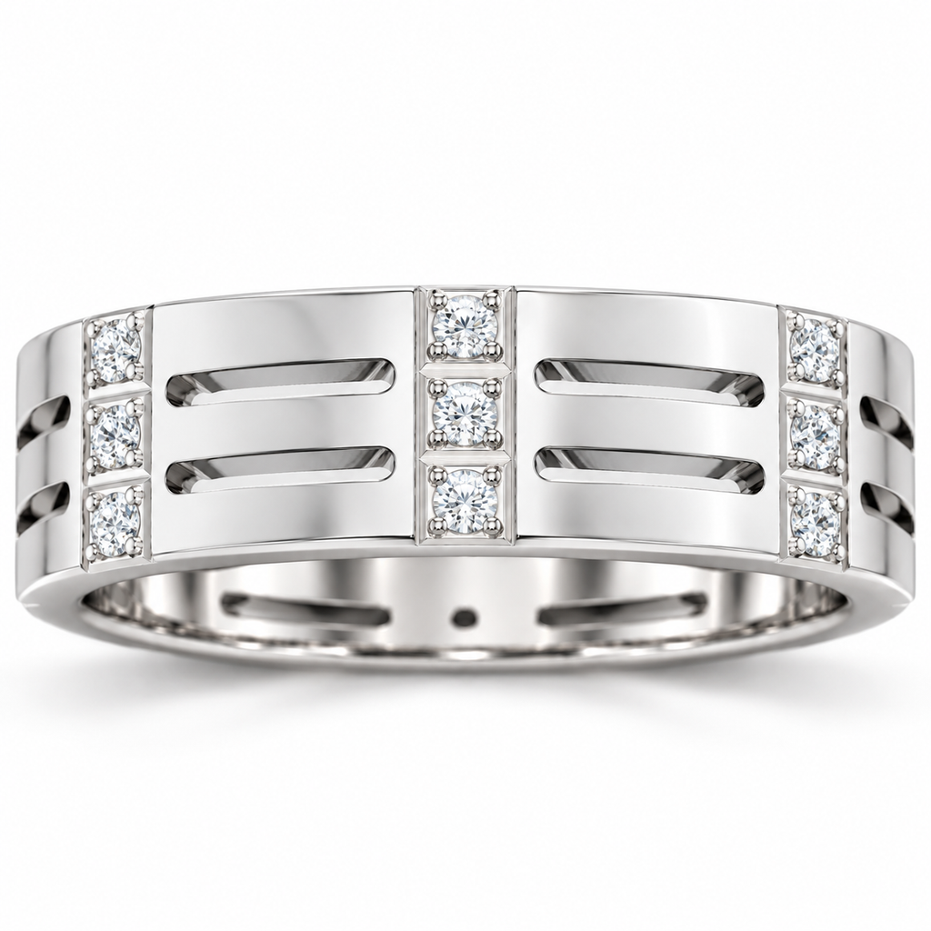 Men's Lab-Grown Diamond Patterned Eternity Band — 14K White Gold, front view