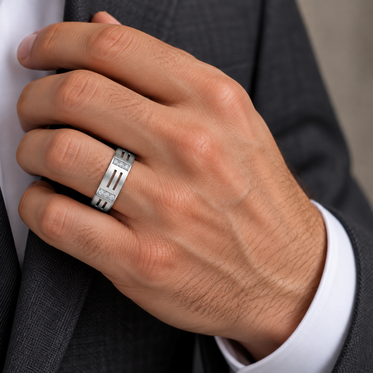 Men's Lab-Grown Diamond Patterned Eternity Band — 14K White Gold, on-hand view