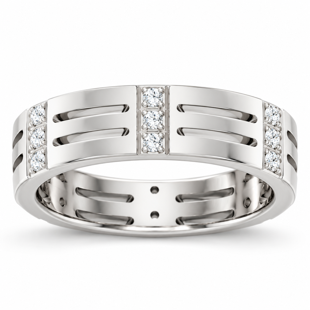 Men's Lab-Grown Diamond Patterned Eternity Band — 14K White Gold, profile view
