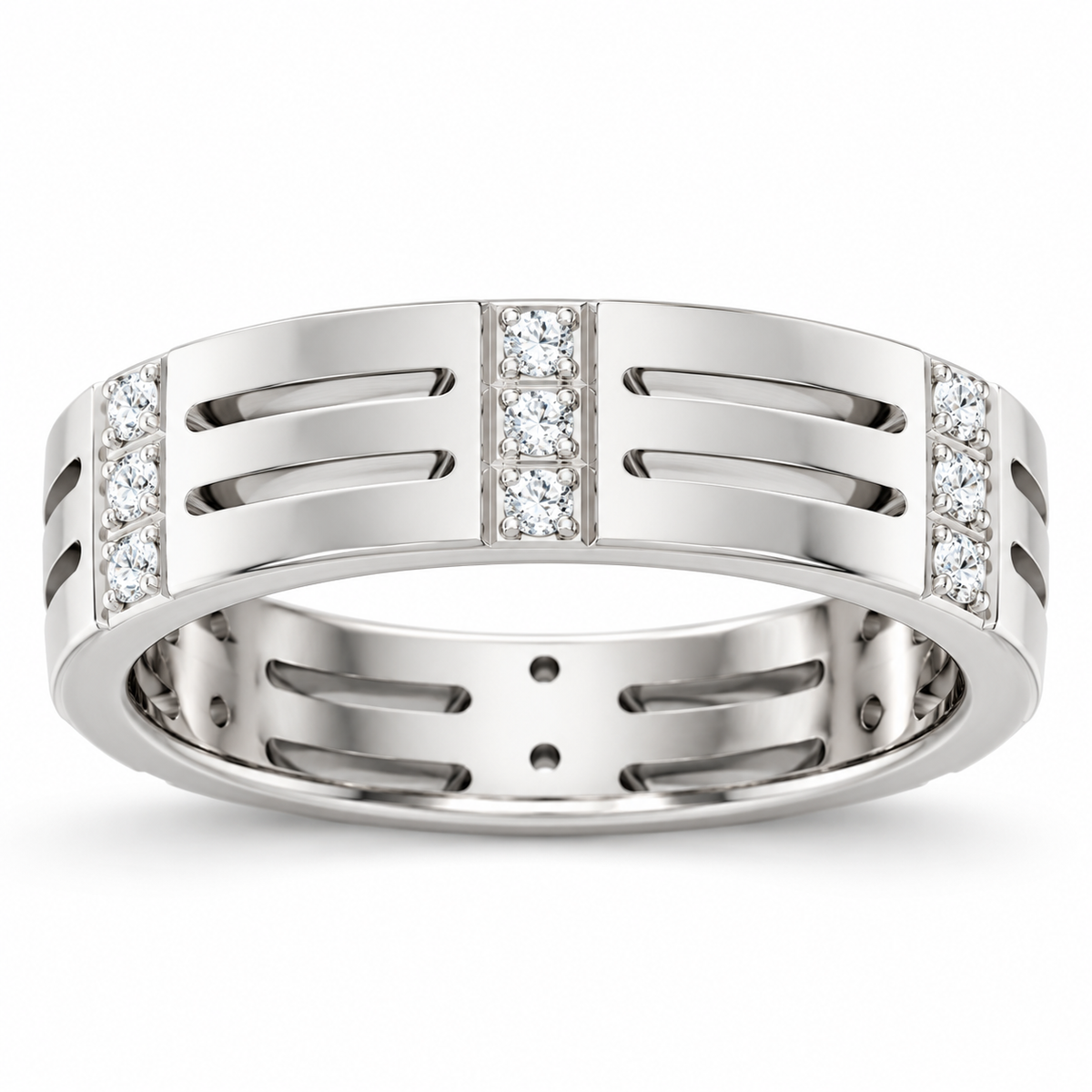 Men's Lab-Grown Diamond Patterned Eternity Band — 14K White Gold, profile view