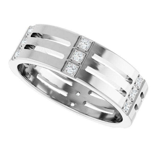 Men's Lab-Grown Diamond Patterned Eternity Band — 14K White Gold, side view