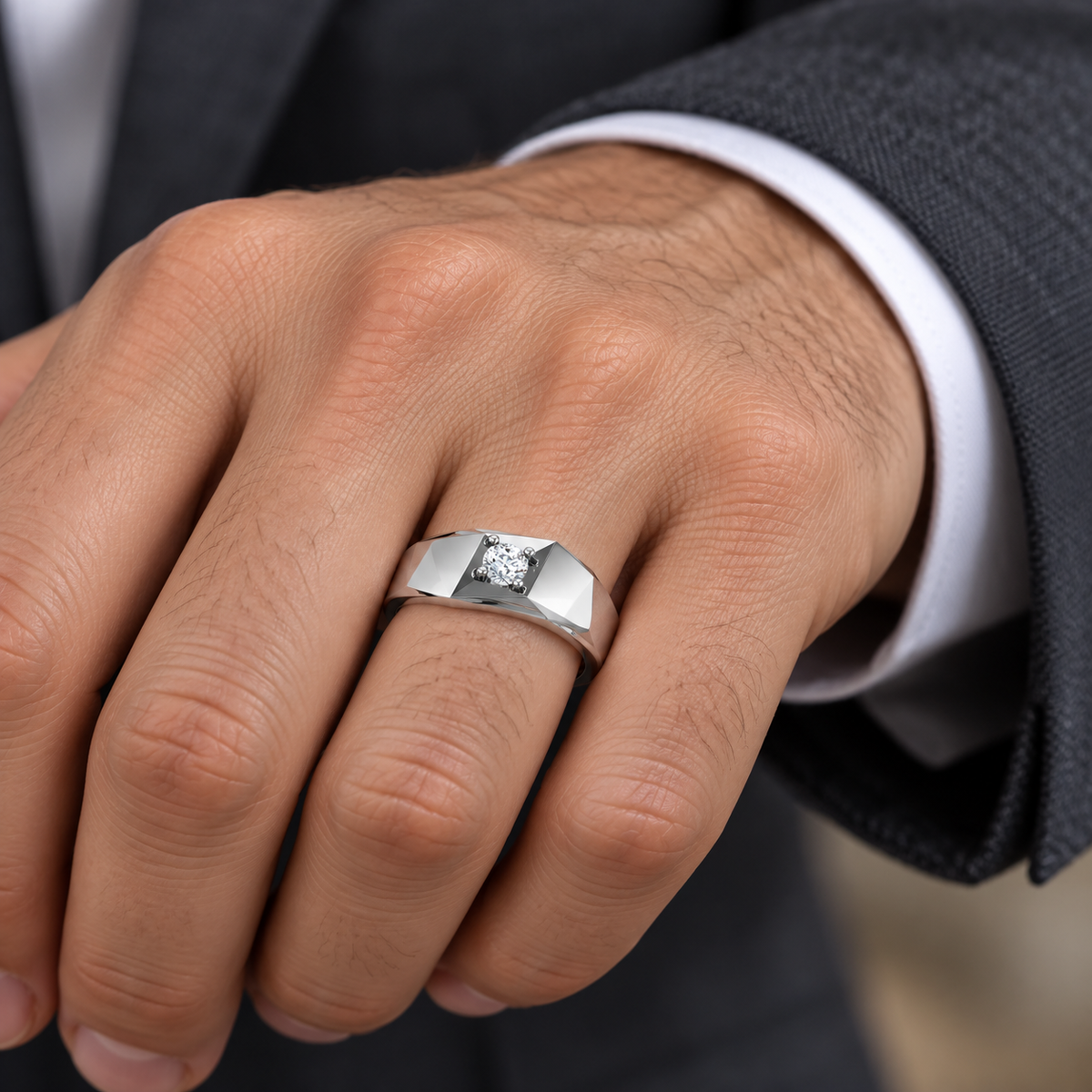 Men's 1/10 CT Lab-Grown Diamond Faceted Solitaire Band — 14K White Gold, on-hand view