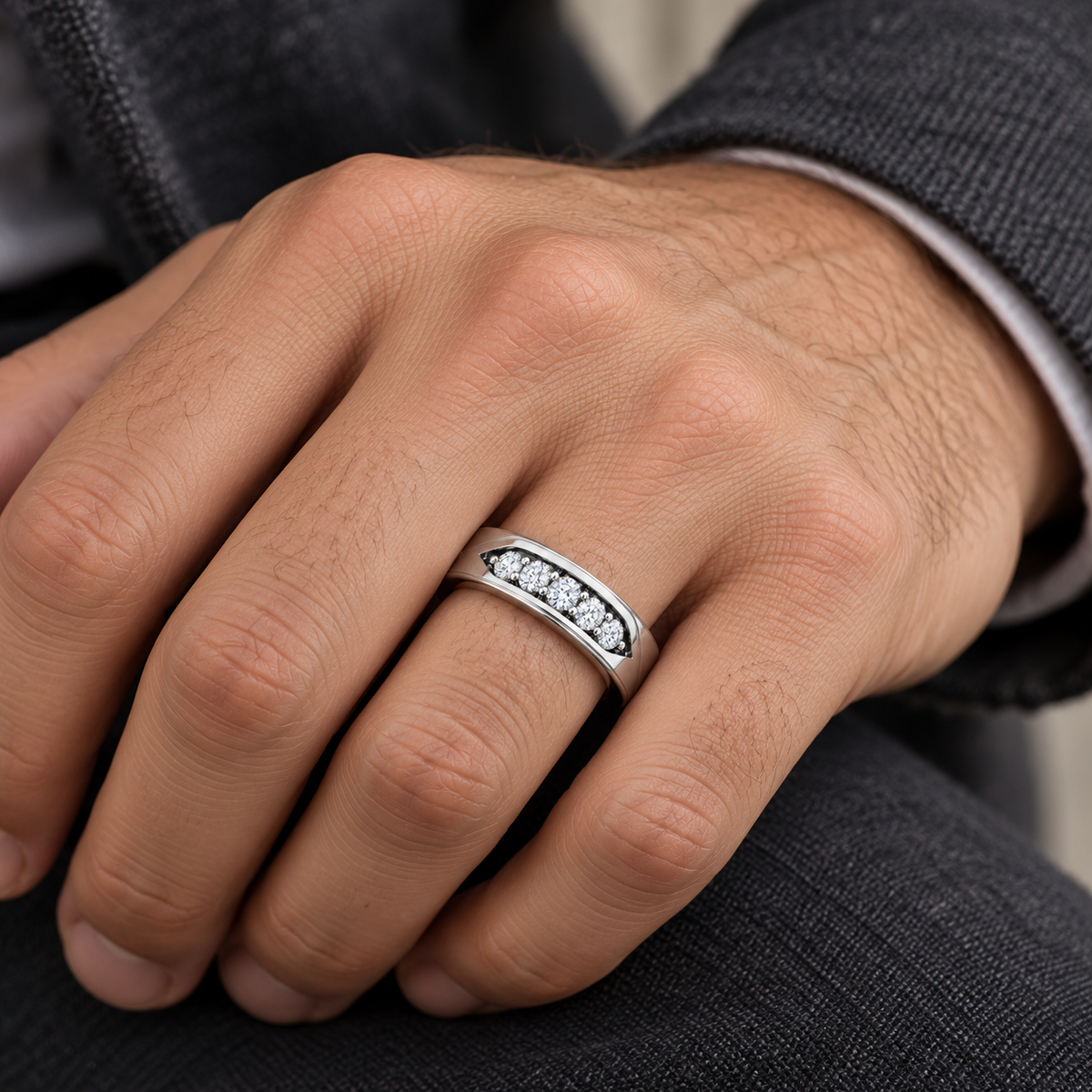 Men's 1/2 CTW Lab-Grown Diamond Five-Stone Band — 14K White Gold, hand view