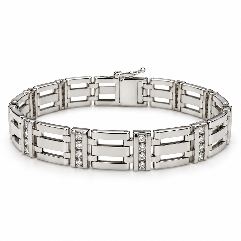 Men's 14K white gold diamond link bracelet, 10 mm wide, full bracelet front view