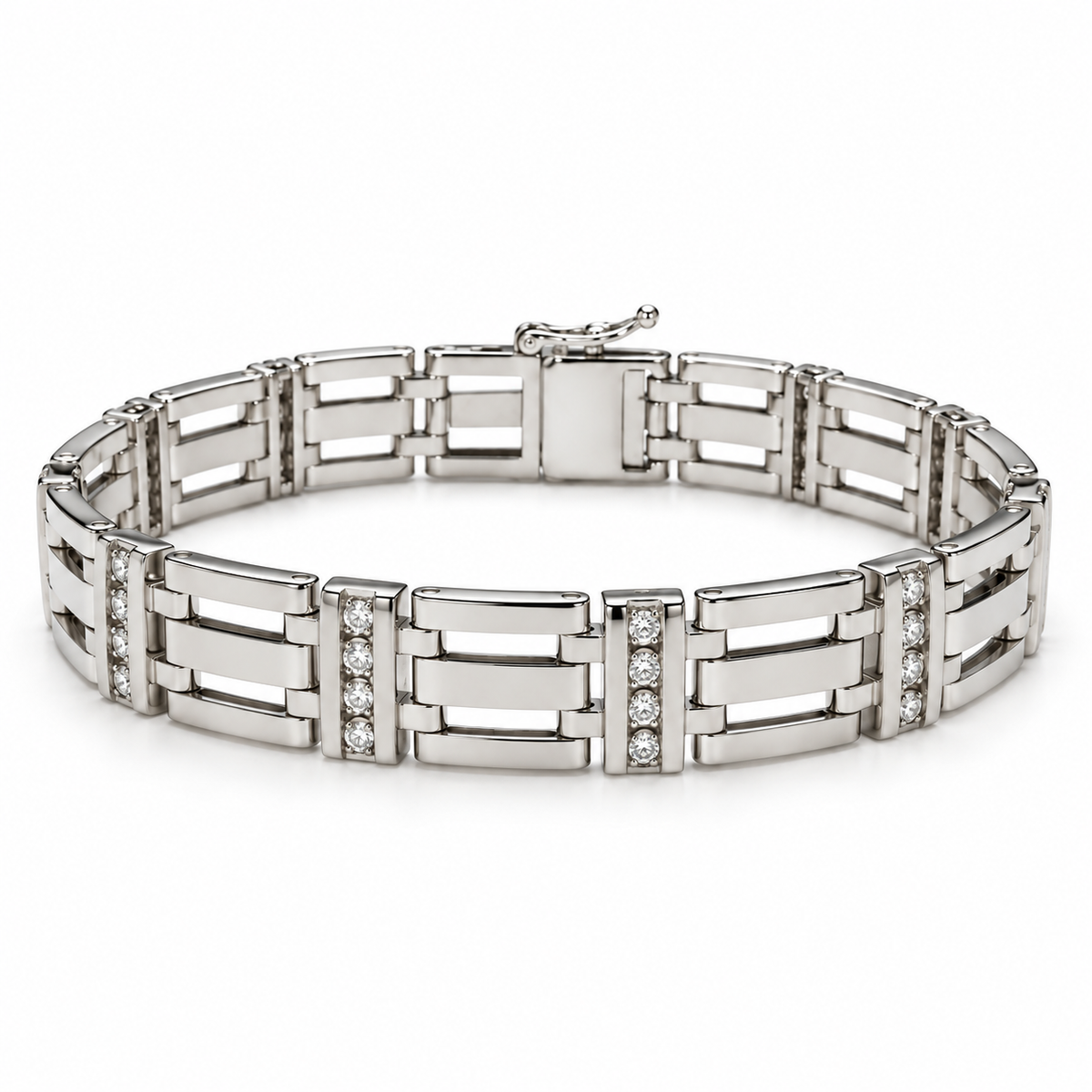 Men's 14K white gold diamond link bracelet, 10 mm wide, full bracelet front view
