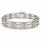 Men's 14K white gold diamond link bracelet, 10 mm wide, full bracelet front view