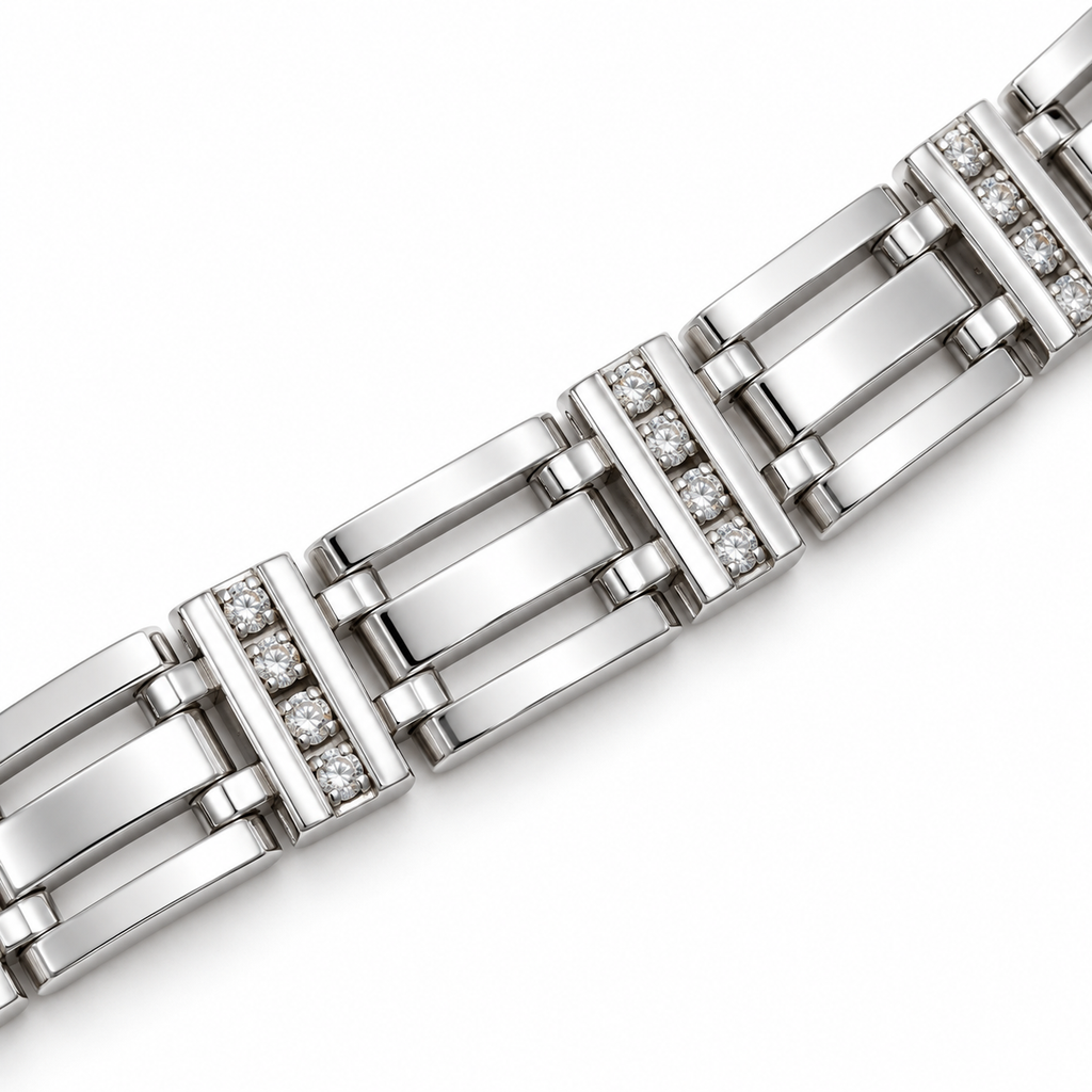 Close-up of the rectangular white gold links and diamond-set connectors