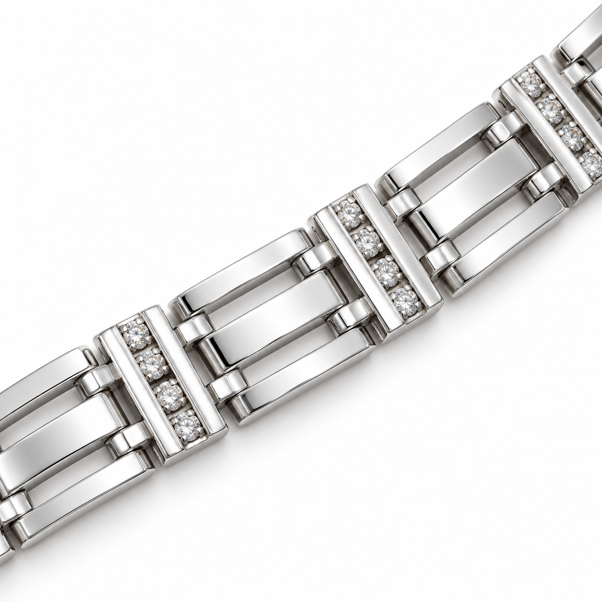 Close-up of the rectangular white gold links and diamond-set connectors