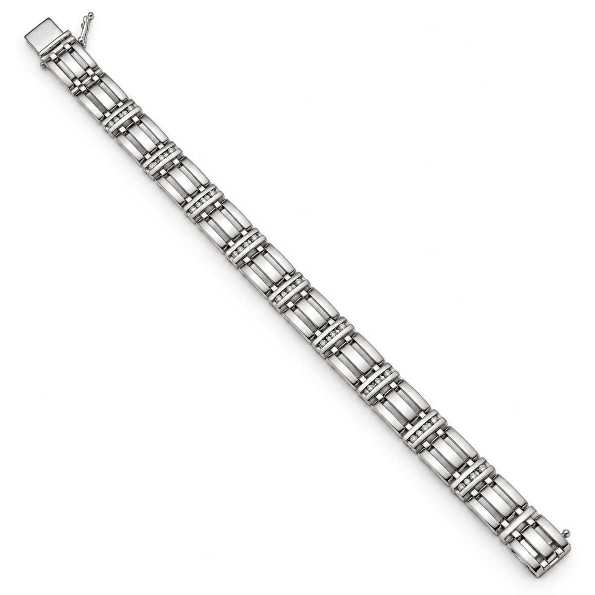 Full-length view of the 8-inch 14K white gold diamond link bracelet with open clasp
