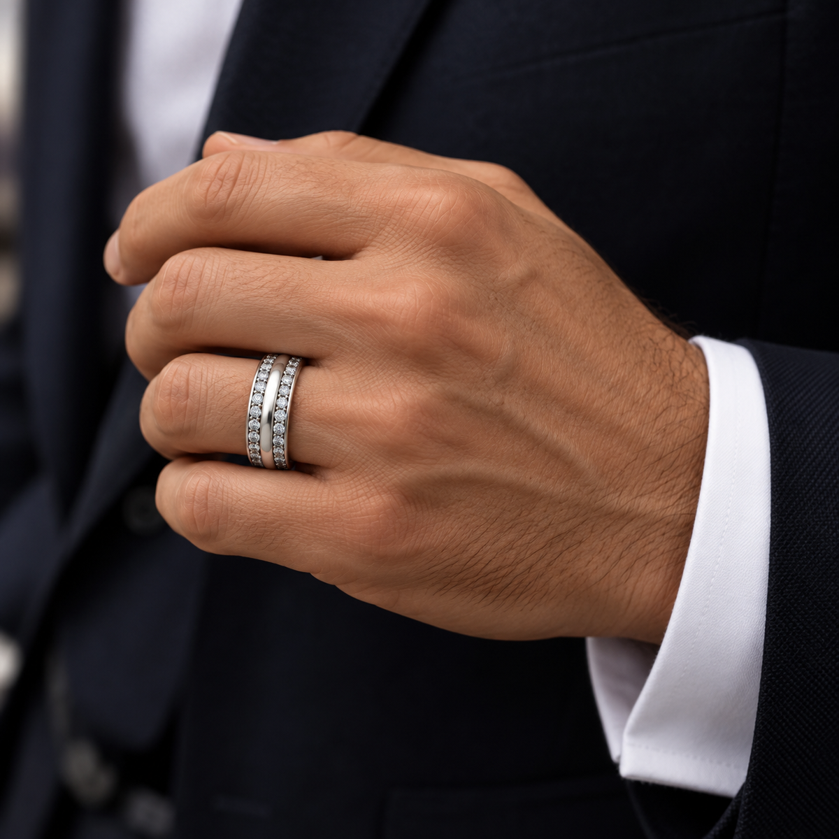 Men's 2 CTW Lab-Grown Diamond Band – 689067 — 14K White Gold, on-hand view