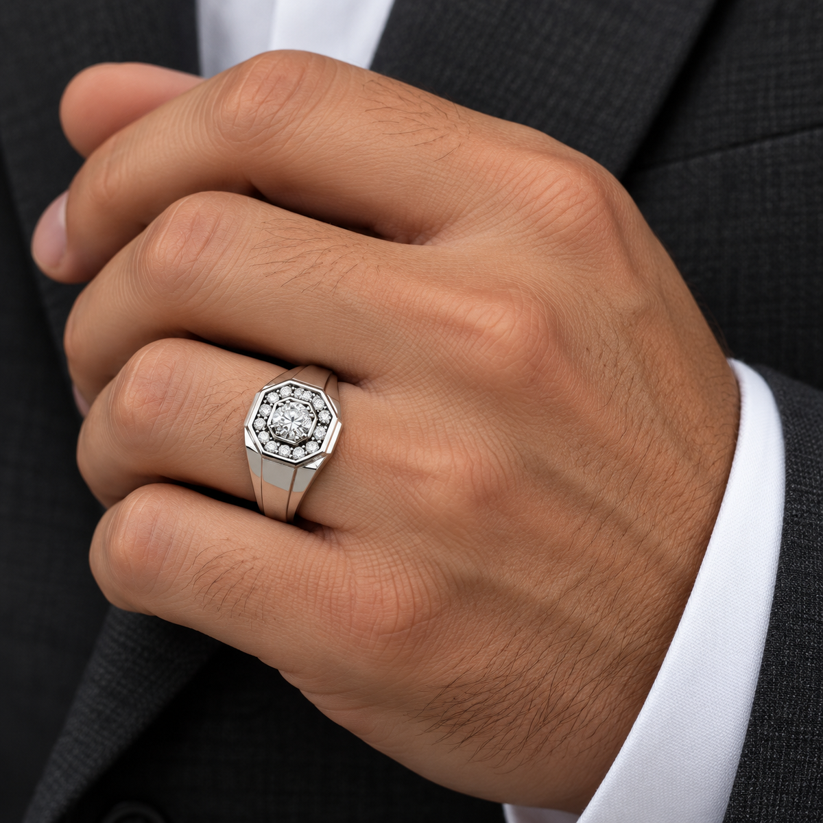 Men's 1/5 CTW Lab-Grown Diamond Halo-Style Band – 689204 — 14K White Gold, on-hand view
