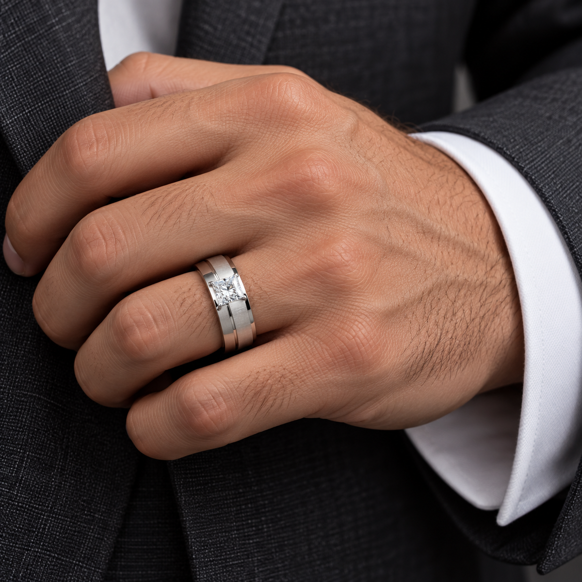 Men's 1/2 CTW Lab-Grown Diamond Grooved Band – 689239 — 14K White Gold, on-hand view