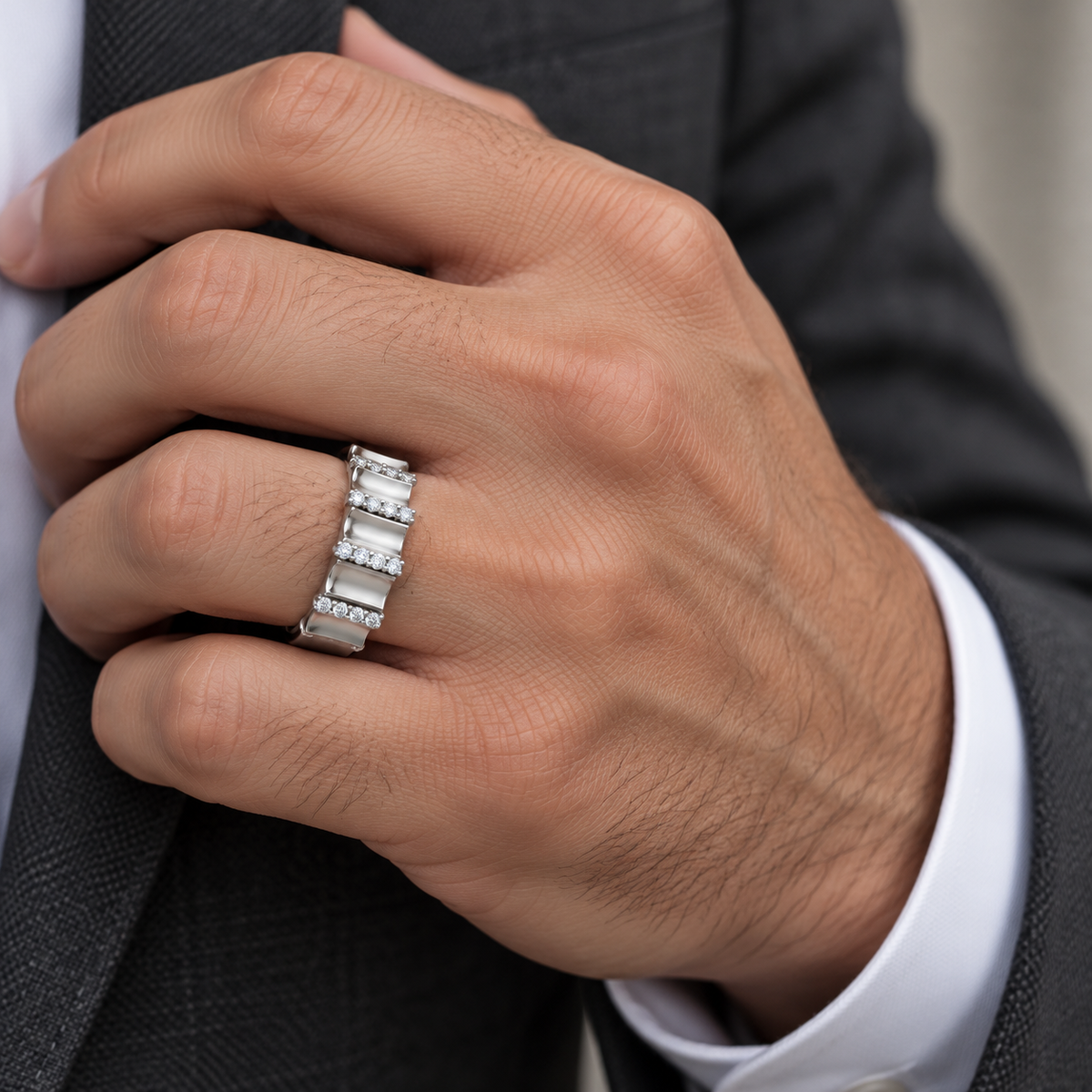 Men's 1/3 CTW Lab-Grown Diamond Sculpted Band — 14K White Gold, on-hand view
