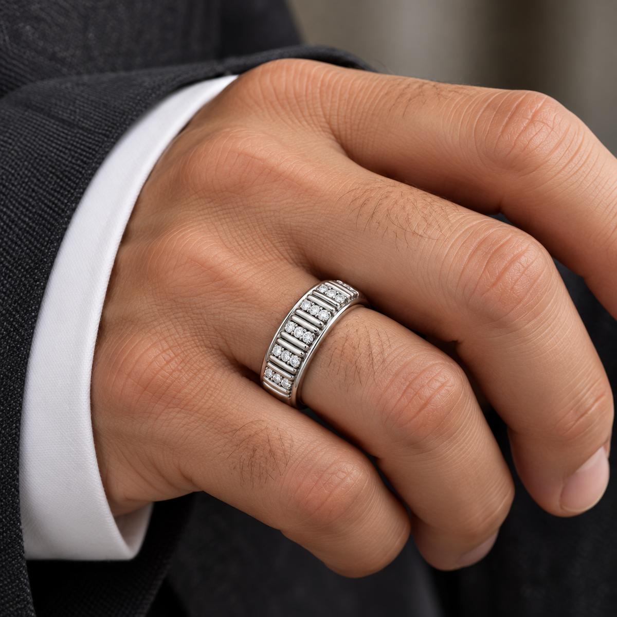 Men's 1/4 CTW Lab-Grown Diamond Ribbed Band — 14K White Gold, on-hand view