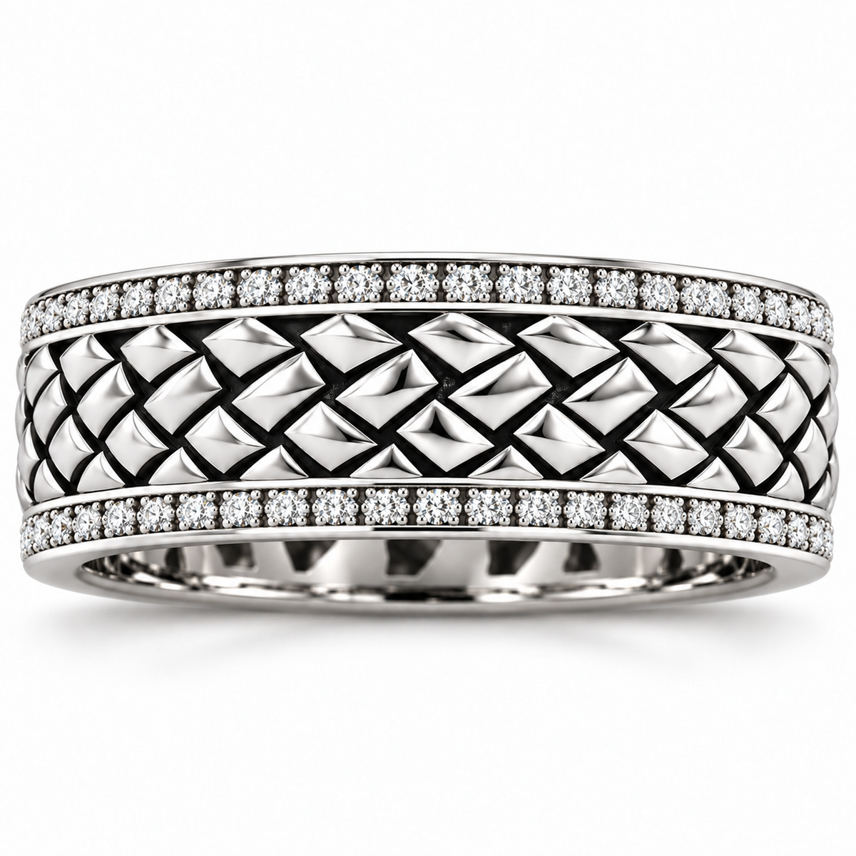 Men's 5/8 CTW Lab-Grown Diamond Woven Diamond-Edge Band – 689242 — 14K White Gold, front view
