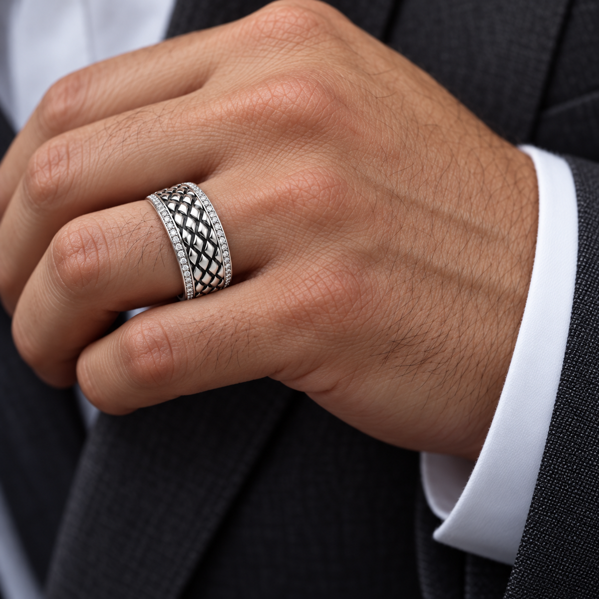 Men's 5/8 CTW Lab-Grown Diamond Woven Diamond-Edge Band – 689242 — 14K White Gold, on-hand view