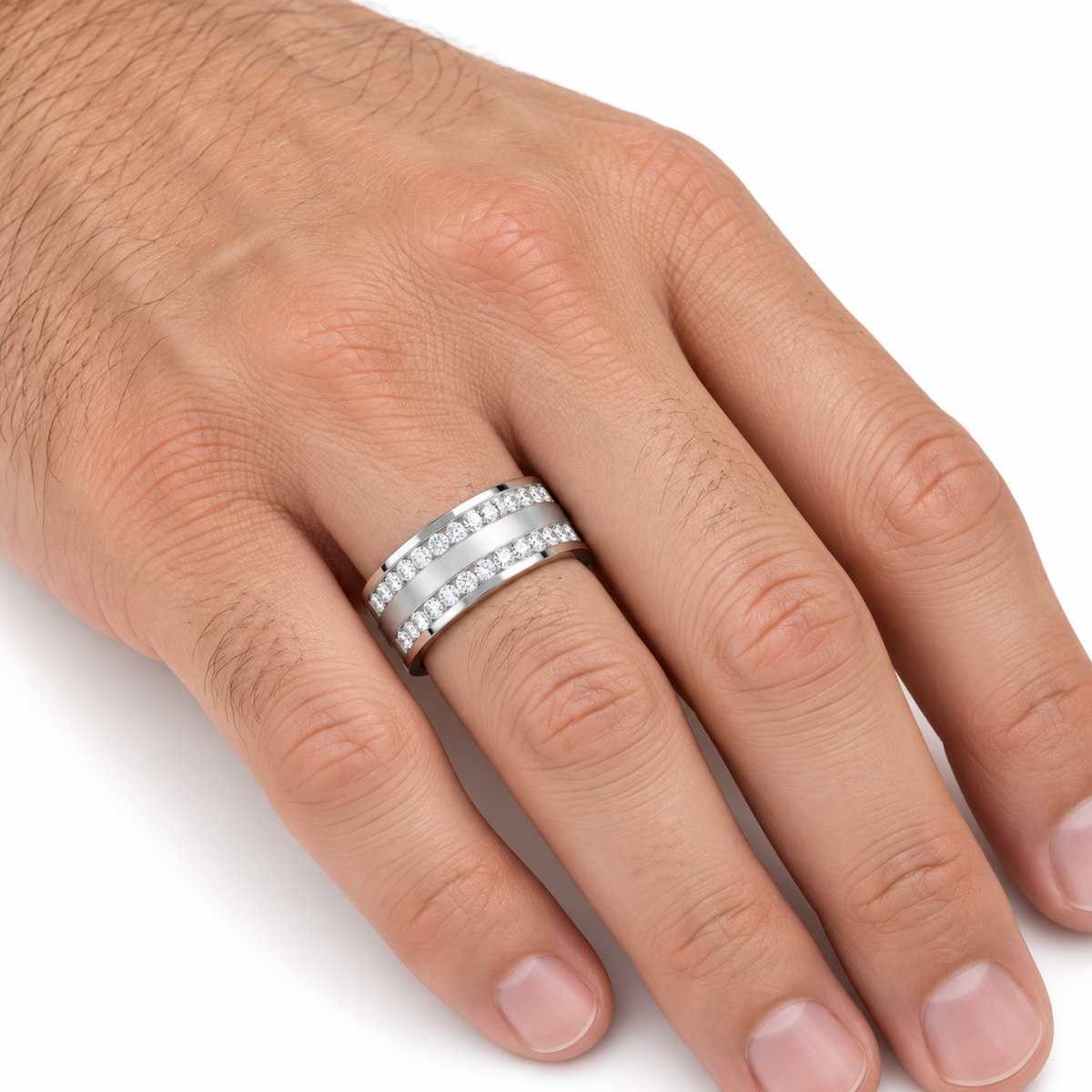 Men's 3/4 CTW Lab-Grown Diamond Accented Tapered Band — 14K White Gold, hand view