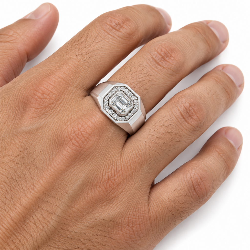 Men's 1 1/4 CTW Lab-Grown Diamond Halo-Style Band — 14K White Gold, on-hand photo