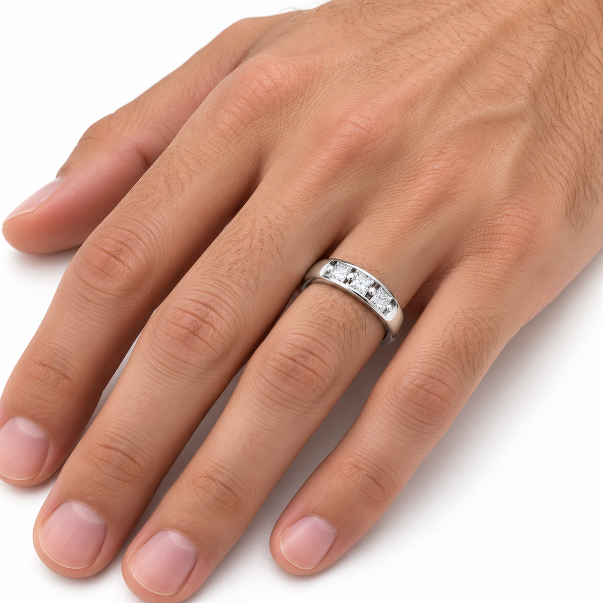 Men's 1/2 CTW Lab-Grown Diamond Five-Stone Band — 14K White Gold, on-hand photo
