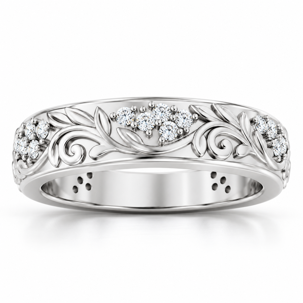 Men's 1/2 CTW Lab-Grown Diamond Accented Floral Band — 14K White Gold, front view