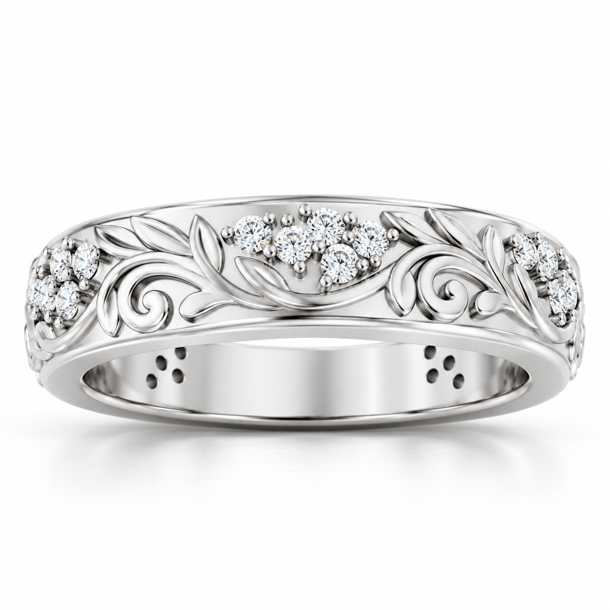 Men's 1/2 CTW Lab-Grown Diamond Accented Floral Band — 14K White Gold, front view