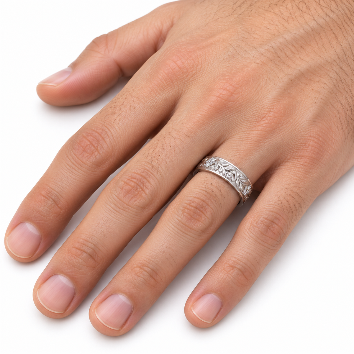 Men's 1/2 CTW Lab-Grown Diamond Accented Floral Band — 14K White Gold, on-hand photo