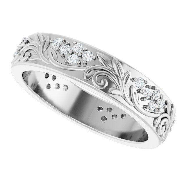 Men's 1/2 CTW Lab-Grown Diamond Accented Floral Band — 14K White Gold, side view