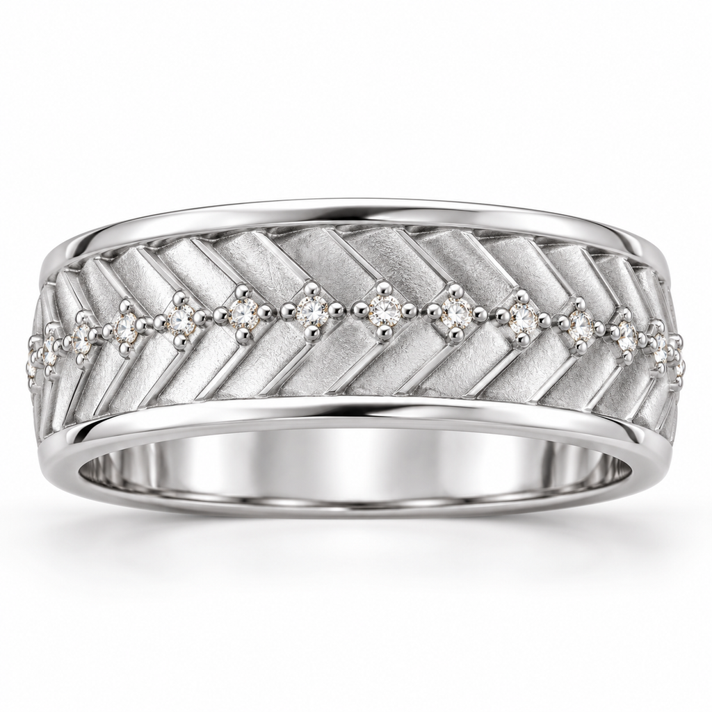 Men's 1/5 CTW Lab-Grown Diamond Accented Tread Pattern Band — 14K White Gold, front view