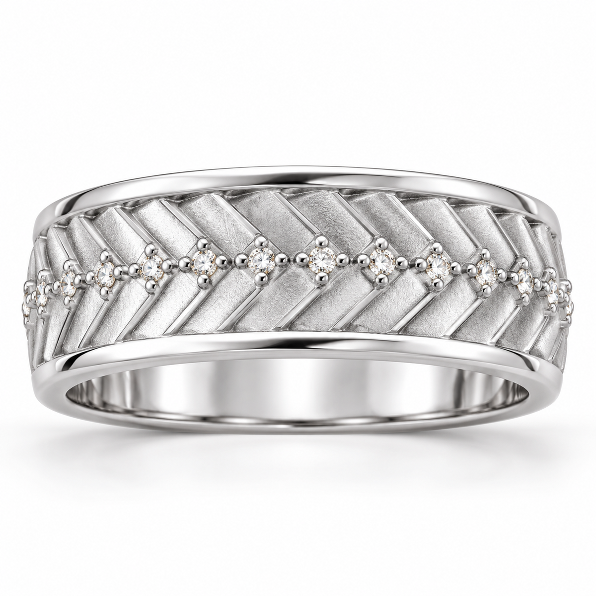 Men's 1/5 CTW Lab-Grown Diamond Accented Tread Pattern Band — 14K White Gold, front view