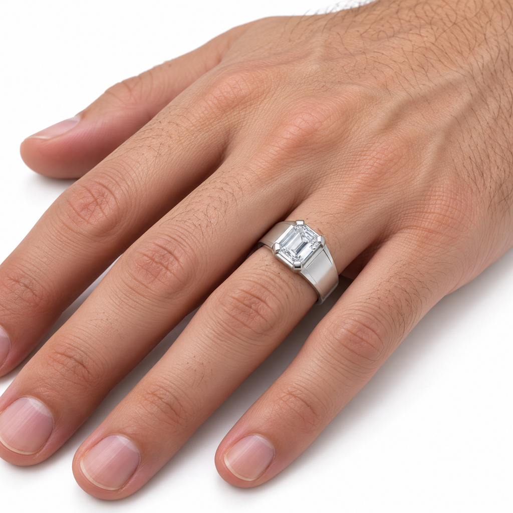 Men's 1 CTW Lab-Grown Diamond Beveled-Edge Solitaire Band — 14K White Gold, on-hand photo