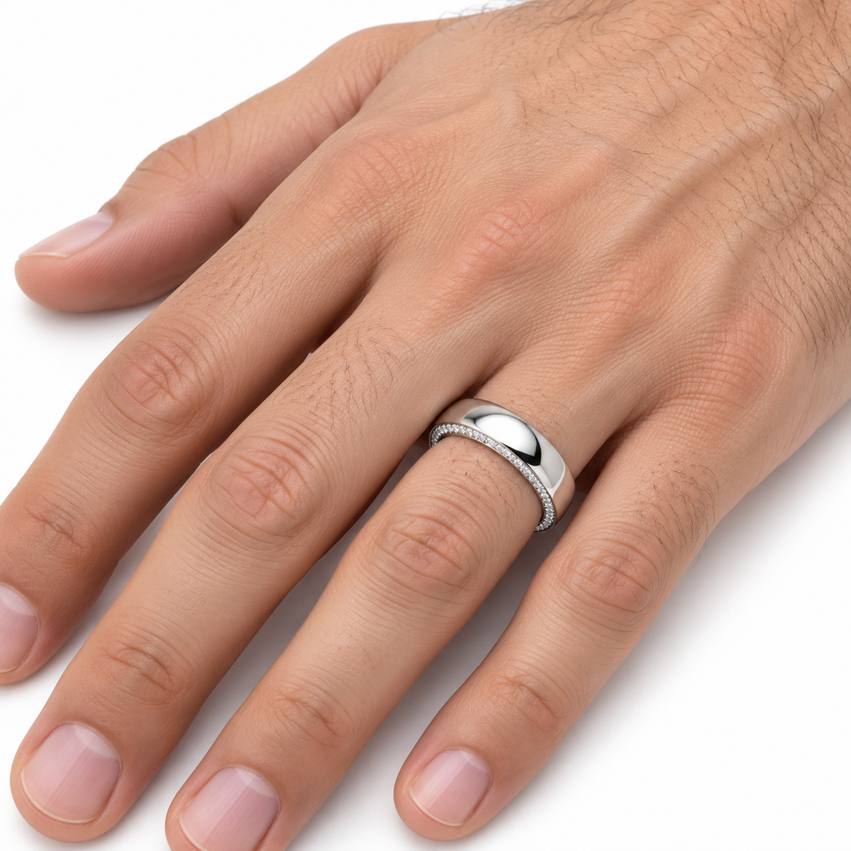 Men's 5/8 CTW Lab-Grown Diamond Accented Half Round Band — 14K White Gold, on-hand photo