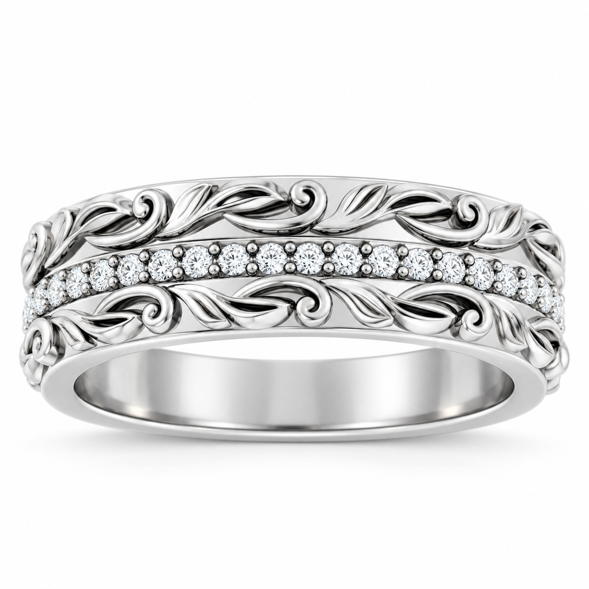 Men's 1/4 CTW Lab-Grown Diamond Accented Floral Band — 14K White Gold, front view