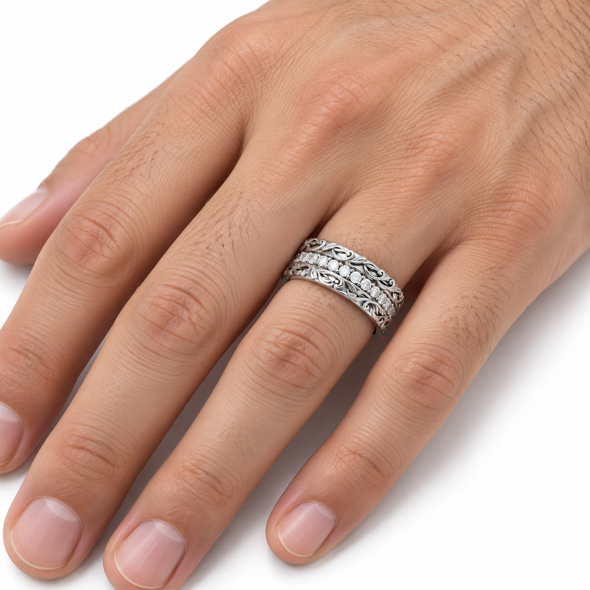 Men's 1/4 CTW Lab-Grown Diamond Accented Floral Band — 14K White Gold, on-hand photo
