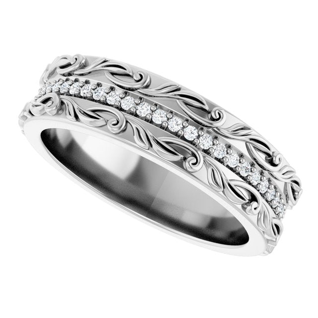 Men's 1/4 CTW Lab-Grown Diamond Accented Floral Band — 14K White Gold, side view