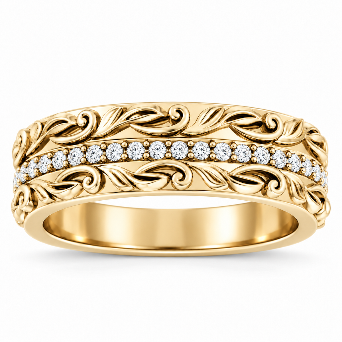 Men's 1/4 CTW Lab-Grown Diamond Accented Floral Band — 14K Yellow Gold, front view