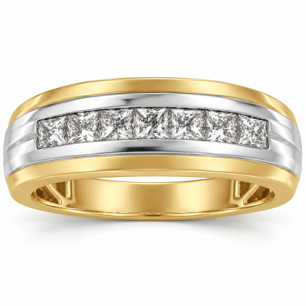 Men's 1/2 CTW Lab-Grown Diamond Accented Stepped-Edge Comfort-Fit Tapered Band — 14K Yellow/White Gold, front view