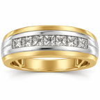 Men's 1/2 CTW Lab-Grown Diamond Accented Stepped-Edge Comfort-Fit Tapered Band — 14K Yellow/White Gold, front view