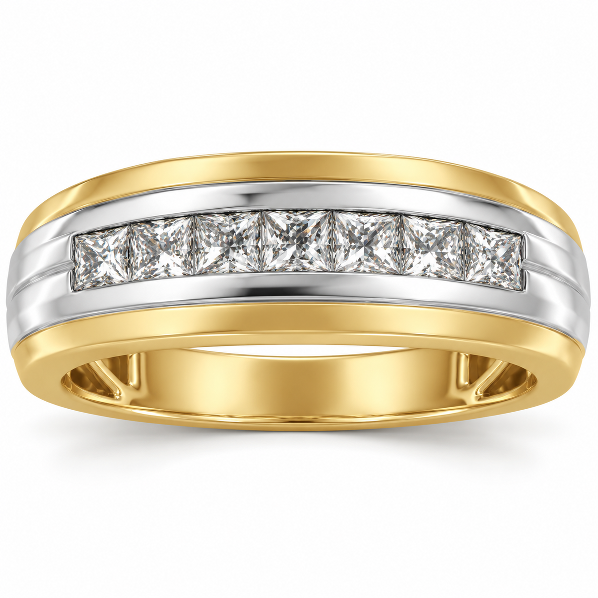 Men's 1/2 CTW Lab-Grown Diamond Accented Stepped-Edge Comfort-Fit Tapered Band — 14K Yellow/White Gold, front view