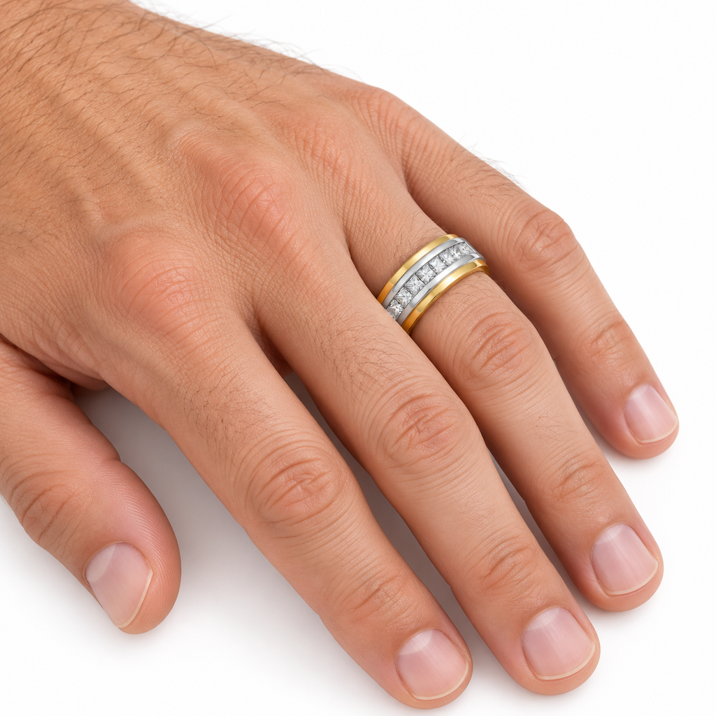 Men's 1/2 CTW Lab-Grown Diamond Accented Stepped-Edge Comfort-Fit Tapered Band — 14K Yellow/White Gold, on-hand photo