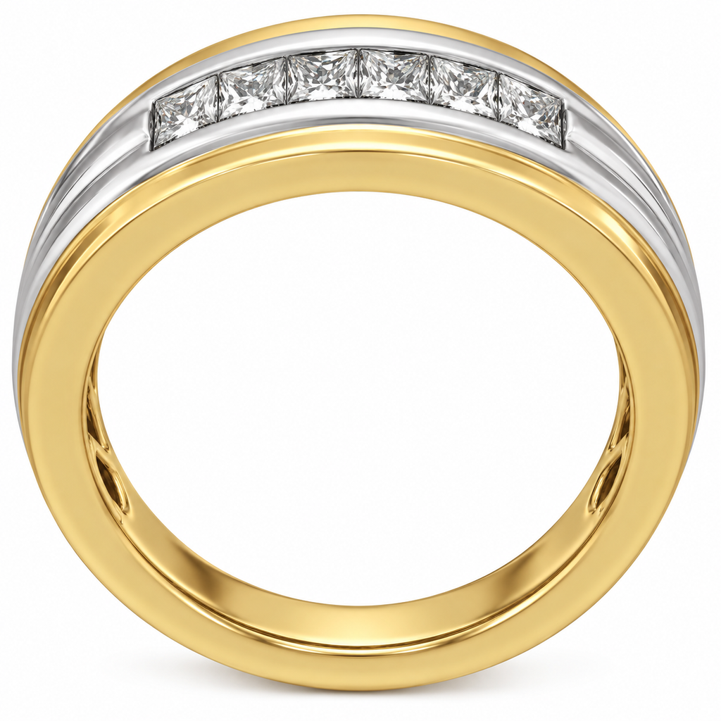 Men's 1/2 CTW Lab-Grown Diamond Accented Stepped-Edge Comfort-Fit Tapered Band — 14K Yellow/White Gold, profile view