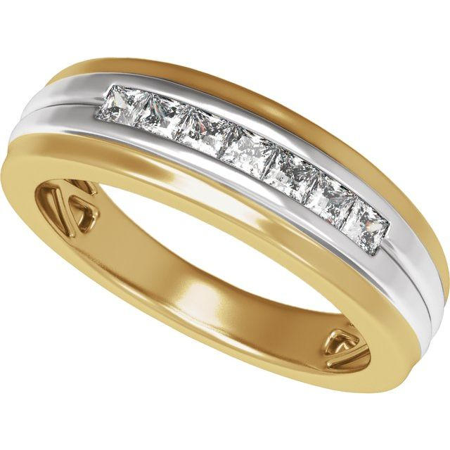 Men's 1/2 CTW Lab-Grown Diamond Accented Stepped-Edge Comfort-Fit Tapered Band — 14K Yellow/White Gold, side view