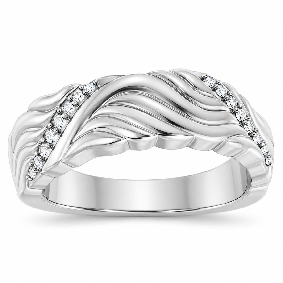 Men's 0.08 CTW Lab-Grown Diamond Accented Sculptural Band — 14K White Gold, front view