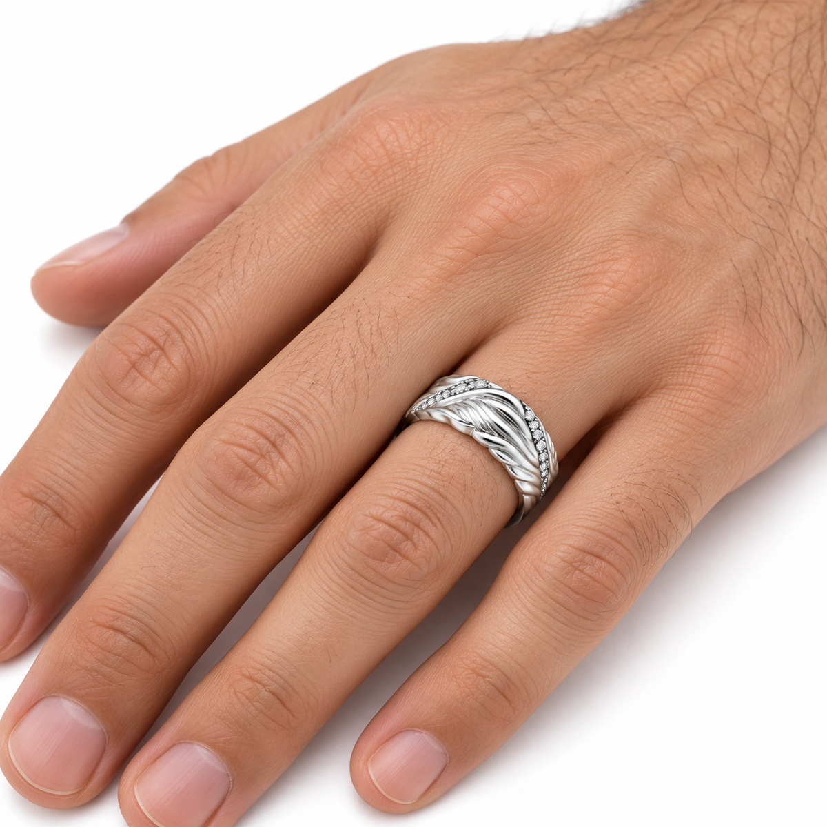 Men's 0.08 CTW Lab-Grown Diamond Accented Sculptural Band — 14K White Gold, on-hand photo