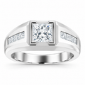 Men's 1 1/8 CTW Lab-Grown Diamond Accented Beveled-Edge Bezel-Set Band — 14K White Gold, front view