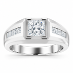 Men's 1 1/8 CTW Lab-Grown Diamond Accented Beveled-Edge Bezel-Set Band — 14K White Gold, front view