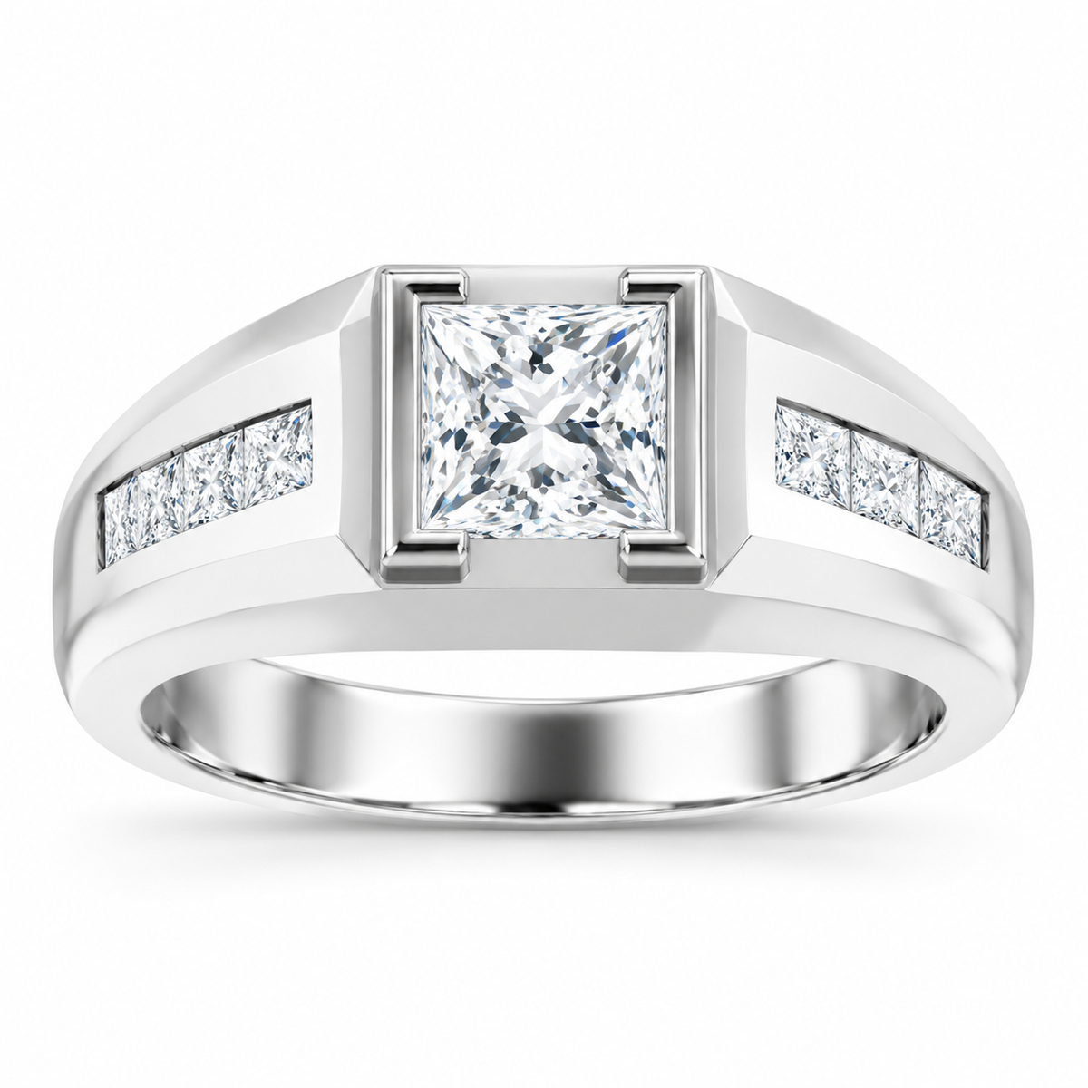 Men's 1 1/8 CTW Lab-Grown Diamond Accented Beveled-Edge Bezel-Set Band — 14K White Gold, front view