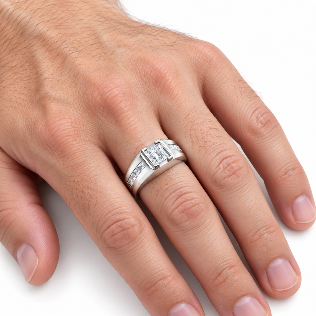 Men's 1 1/8 CTW Lab-Grown Diamond Accented Beveled-Edge Bezel-Set Band — 14K White Gold, on-hand photo