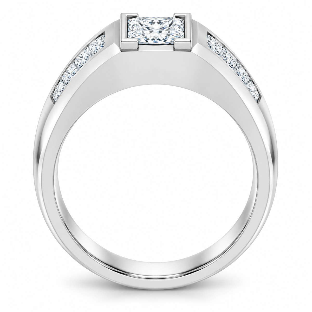 Men's 1 1/8 CTW Lab-Grown Diamond Accented Beveled-Edge Bezel-Set Band — 14K White Gold, profile view