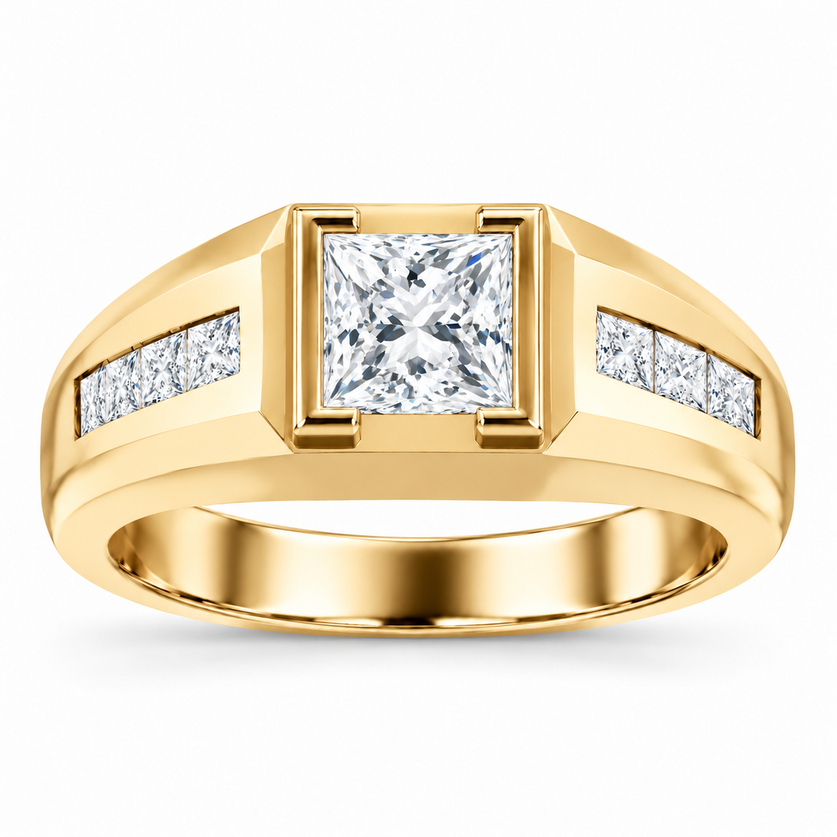 Men's 1 1/8 CTW Lab-Grown Diamond Accented Beveled-Edge Bezel-Set Band — 14K Yellow Gold, front view