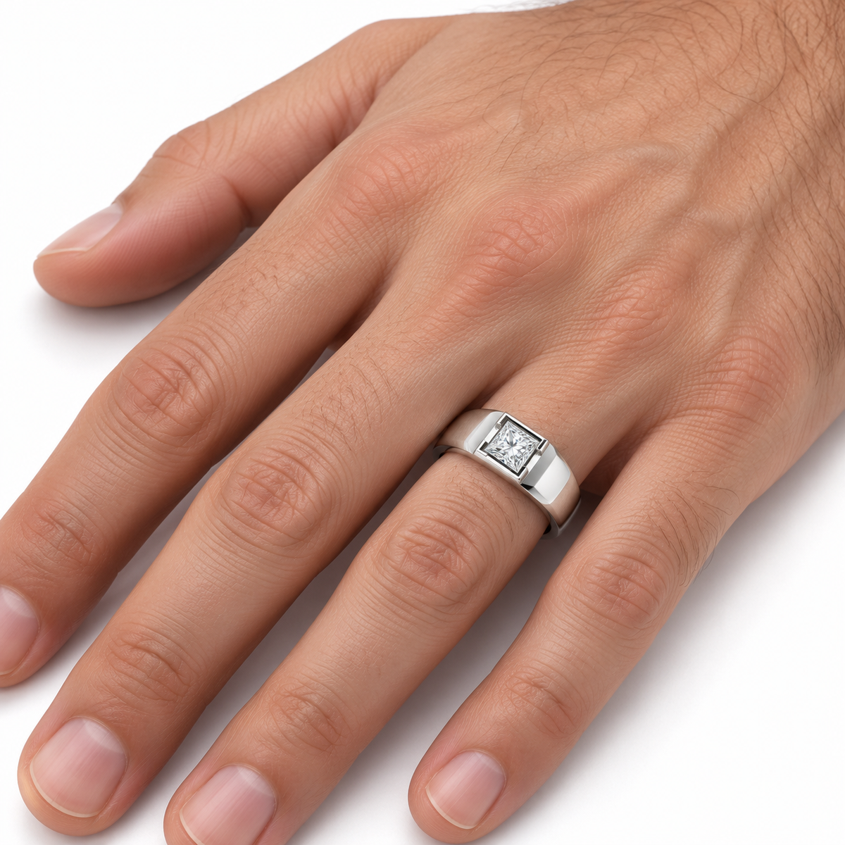 Men's 3/8 CT Lab-Grown Diamond Beveled-Edge Bezel-Set Solitaire Band — 14K White Gold, on-hand photo